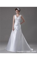 Natural Lace Up Satin Court Sleeveless Ivory V Neck Appliques / Beading A-line Wedding Dress