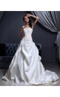 Beading / Applique / Ruffles / Hand Made Flower Lace Up A-line Satin Natural Ivory Chapel Strapless Sleeveless Wedding Dress