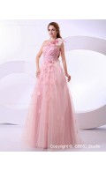 Floor-length Hand Made Flower / Ruffles Sleeveless A-line Zipper Satin / Organza Empire Ivory One Shoulder Wedding Dress