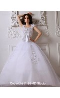 Beading / Bow / Ruffles / Hand Made Flower Sweep Zipper A-Line / Ball Gown Natural Scoop Ivory Satin / Tulle Sleeveless Wedding Dress
