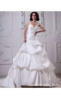 A-line Lace Up Sleeveless Appliques / Beading / Cascading-Ruffles Court Ivory Satin Natural Sweetheart Wedding Dress