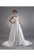 Ivory Satin / Lace Zipper Sleeveless A-line Court Empire Lace / Beading / Applique Sweetheart Wedding Dress