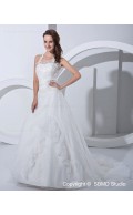 A-line Ivory Natural Satin / Organza Sweetheart / Halter Court Lace Up Applique Sleeveless Wedding Dress