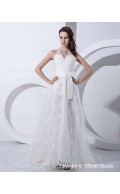 A-line Empire Ivory Zipper Court Halter Embroidery / Beading / Bow Satin Sleeveless Wedding Dress