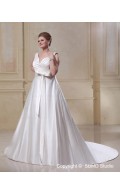 A-line / Plus Ivory Zipper Satin Size Empire V Neck Court Ruffles / Bow Sleeveless Wedding Dress