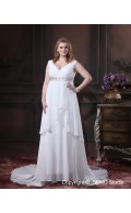 Size Chapel Ivory Chiffon Sleeveless Empire V Neck Lace Up A-line / Plus Beading / Sash Wedding Dress