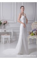 Sleeveless Empire A-line Chapel V Neck Ivory Beading Zipper Chiffon / Satin Wedding Dress