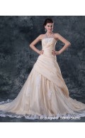 Sleeveless Natural Chapel Lace / Ruffles / Beading Ivory A-line Zipper Strapless / Bateau Taffeta Wedding Dress