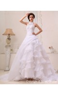 Sleeveless Chapel Organza / Satin A-line Natural Applique / Beading / Cascading-Ruffles Ivory Zipper Halter Wedding Dress