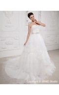 Taffeta / Organza Ivory Ruffles / Beading / Cascading-Ruffles / Sash Sleeveless Zipper A-line Natural Court Sweetheart Wedding Dress