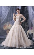 Ivory Court Sleeve Zipper Empire Organza Applique / Beading / Sash A-line Long V Neck Wedding Dress