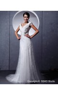 Ivory Organza Sleeveless Zipper Empire Ruffles / Beading / Lace Column / Sheath V Neck Chapel Wedding Dress