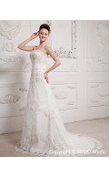 Sleeveless Zipper A-line Strapless / Bateau Sweep Ivory Satin / Lace Empire Ruffles / Beading / Sash / Bow Wedding Dress