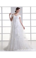 Empire Sleeveless Ivory Sweep Tulle Hand Made Flower / Ruffles Off-the-shoulder A-line Lace Up Wedding Dress