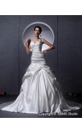 Ivory V Neck Sleeveless A-Line / Ball Gown Natural Ruffles Court Zipper Satin Wedding Dress