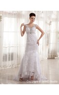 V Neck Ivory Lace / Beading Empire Satin / Lace Zipper Sleeveless Court Column / Sheath Wedding Dress