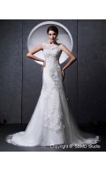 A-line Ivory Beading / Applique / Lace Natural Zipper Satin / Tulle High Neck Chapel Sleeveless Wedding Dress