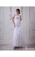 A-line Empire Lace Zipper Scoop Satin / Lace Sweep Sleeveless Ivory Wedding Dress