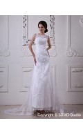 A-line Empire Lace Zipper Scoop Satin / Lace Sweep Sleeveless Ivory Wedding Dress