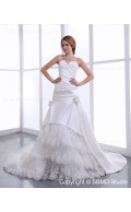 Sweetheart Lace Up Sleeveless Cathedral Satin / Lace Natural Applique / Ruffles / Hand Made Flowers Ivory A-line Wedding Dress