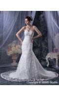 Ivory Natural Lace Up Cathedral Ruffles / Applique / Beading A-line Satin / Lace Sleeveless Sweetheart Wedding Dress