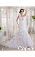 Empire A-line Zipper Ivory Sleeveless Court One Shoulder Beading / Cascading-Ruffles Organza Wedding Dress