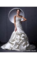 A-line Natural Satin Applique / Ruffles / Beading / Embroidery Court One Shoulder Lace Up Sleeveless Ivory Wedding Dress