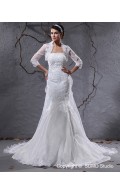 A-line Empire Court Zipper Strapless Applique / Beading Ivory Sleeve Satin / Organza Long Wedding Dress