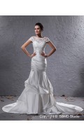 Bateau Zipper Cap Sleeve Ivory Dropped Applique / Beading Court Mermaid Taffeta Wedding Dress