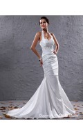 Taffeta Court Ivory Sleeveless Pleat / Beading Halter Lace Up Mermaid Empire Wedding Dress