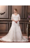 V Neck Lace Court Applique / Beading Dropped Sleeve Long Ivory Zipper A-line / Plus Size Wedding Dress