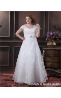 Organza Floor-length Size V Neck Cap Sleeve Empire A-line / Plus Zipper Ivory Beading / Applique / Sash Wedding Dress