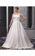 Bateau A-line / Plus Lace Up Sleeveless Sweep Natural Ivory Satin / Lace Size Embroidery / Beading Wedding Dress