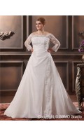 Taffeta Champagne A-line / Plus Cathedral Size Empire Zipper Applique / Ruffles / Lace Off-the-shoulder Long Sleeve Wedding Dress