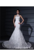 Zipper Satin Dropped Court Mermaid Ivory High Neck Sleeveless Applique / Lace / Sash Wedding Dress