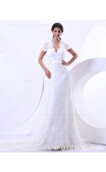 Zipper V Neck Dropped Short Lace Court Sleeve A-line Beading / Sash / Lace Ivory Wedding Dress