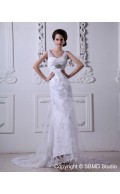 Sleeveless Lace Up Empire V Neck Applique / Beading / sash Column / Sheath White Court Satin / Tulle Wedding Dress