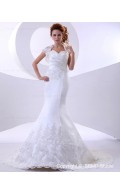Mermaid Cathedral Sweetheart Dropped Ivory Applique / Lace / Ruffles Satin / Lace Sleeveless Zipper Wedding Dress
