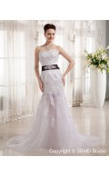 Ruffles / Beading / Applique / Sash Dropped Cathedral Satin / Tulle Mermaid Zipper Sleeveless Sweetheart Ivory Wedding Dress