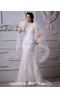 Satin Ivory Sweep Mermaid Zipper V Neck Dropped Sleeveless Applique / Lace Wedding Dress