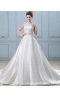 Beading / Sash One Shoulder Empire Zipper A-line Ivory Chapel Sleeveless Satin / Lace Wedding Dress