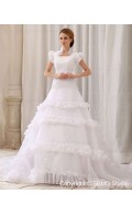 Sleeve A-Line / Ball Gown Zipper Square Court Ivory Satin / Organza / Lace Empire Short Ruffles / Applique / Beading Wedding Dress