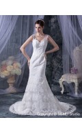 Sleeveless Dropped Ivory Applique / Lace Chapel Mermaid Zipper V Neck Lace / Satin Wedding Dress
