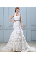 Taffeta Empire Zipper Tiered / Sash / Beading Sleeveless Mermaid Sweetheart Ivory Court Wedding Dress