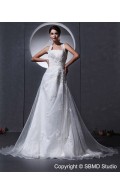 Halter Dropped Sleeveless Applique / Beading / Ruffles White Organza Zipper A-line Chapel Wedding Dress