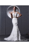 Applique / Lace / Sash / Beading Ivory Cathedral Sleeveless Halter Satin Mermaid Zipper Empire Wedding Dress