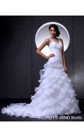 Empire V Neck A-line Sleeveless Ivory Zipper Organza / Lace Cathedral Hand Made Flower / Beading / Ruffles / Beading Wedding Dress