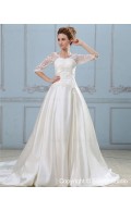 Zipper Natural A-line V Neck Half-Sleeve Applique / Ruffles / Beading / Lace Satin Court Ivory Wedding Dress