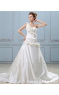 Sleeveless Dropped Court A-line Hand Made Flower / Ruffles One Shoulder Satin Zipper Ivory Wedding Dress