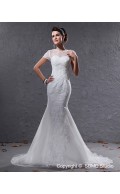 Mermaid Zipper Cap Sleeve Organza Jewel Ivory Court Dropped Applique / Beading Wedding Dress